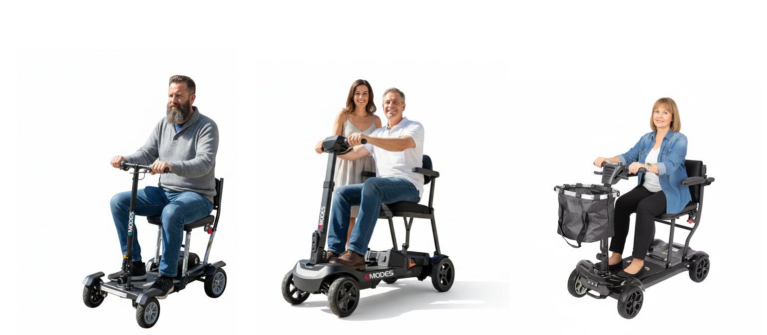 Four people using mobility scooters on a white background